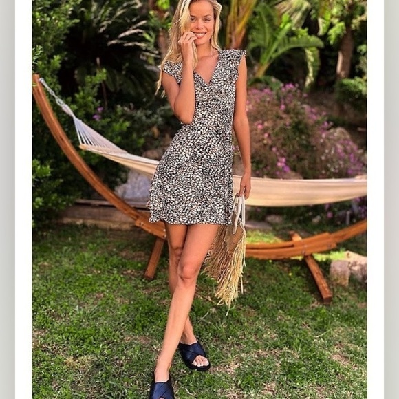 Free People French Quarter Wrap Mini Dress in Black Brown Combo Sz. Small - Picture 2 of 13